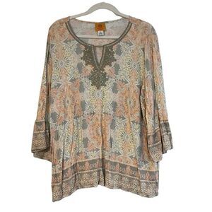 Ruby Rd. Crochet V-neck Keyhole Blouse 1X